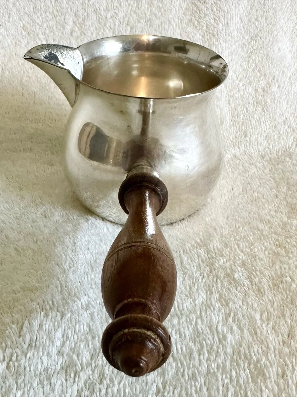 Vintage Silver-Plated Butter Melting Pot Wood Handle Sauce Warmer